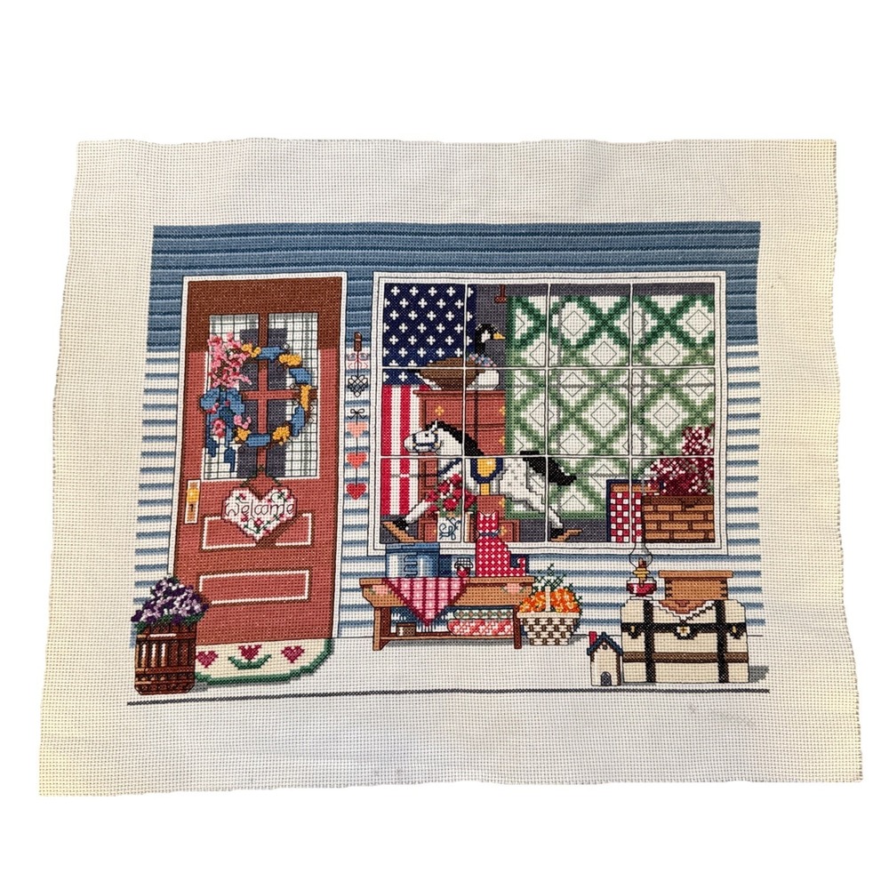 BUCILLA Antique Shop counted cross-stitch Completed Unframed 14x17 Americana Art